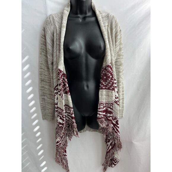 Retro Knit Western Aztec Cardigan Sweater Open Front XS/S Fringe Ethnic Grey Red - Picture 1 of 10